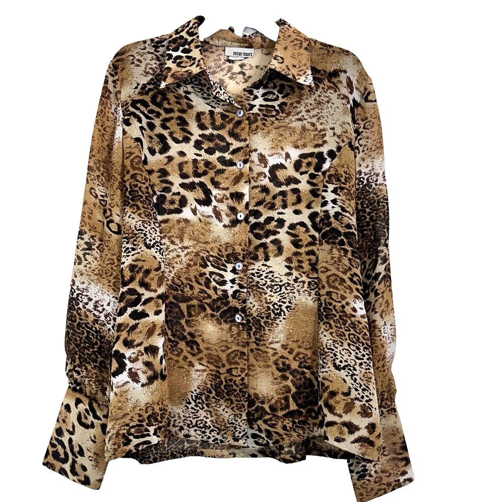 Design Today’s Vintage Top Animal Print Size Large Sheer Button Down Blouse.